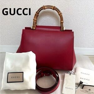 Gucci Red Leather Handbag with Bamboo Handle